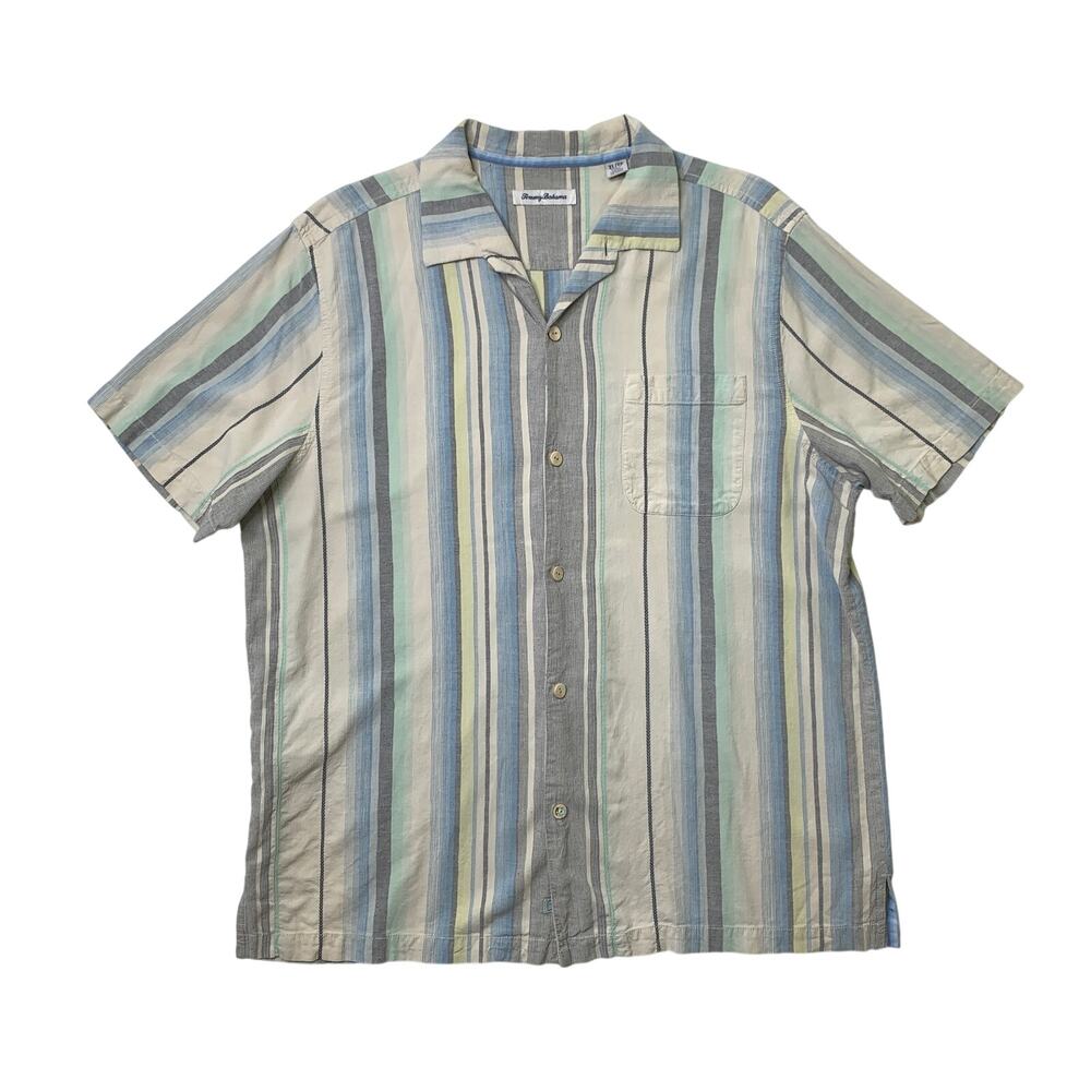 Tommy Bahama Shirt Mens XL Silk Hawaiian Aloha Striped Short Sleeve Camp
